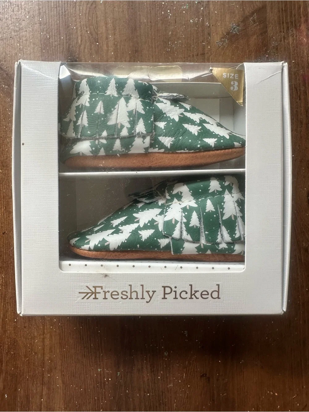 Freshly Picked Green Tree Print Baby Moccasins with White Trees